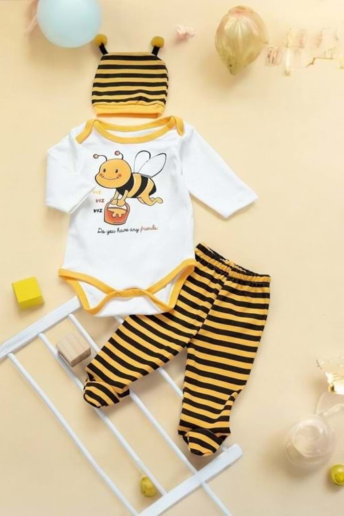 Arı Temalı 3'lü Bebek Takımı - Zıbın + Pantolon + Şapka - Sarı - 3-AY