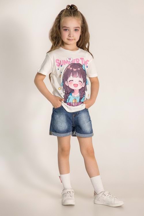 Summer Time Baskılı Bisiklet Yaka Kız T-shirt - 8-9 YAŞ