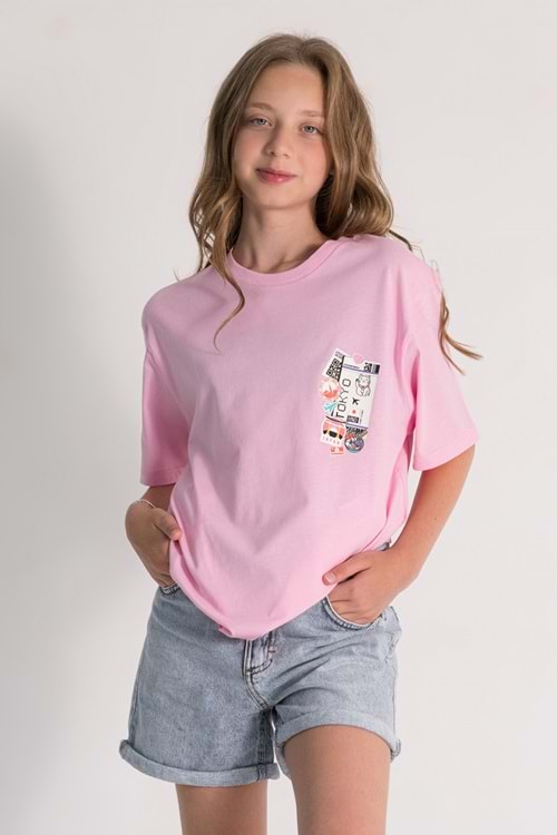 Önü Sırtı Tokyo Baskılı Bisiklet Yaka Kız Çocuk T-Shirt - Pembe