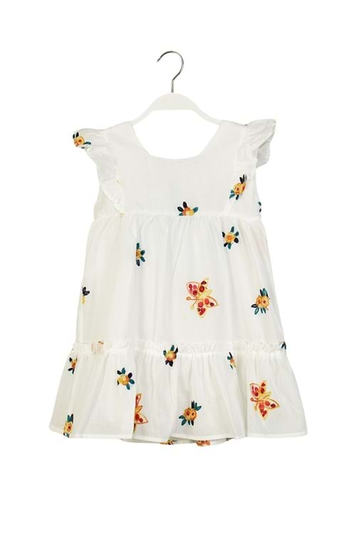 Beyaz Kelebek ve Çiçek Nakışlı Fırfırlı Kız Çocuk Elbise