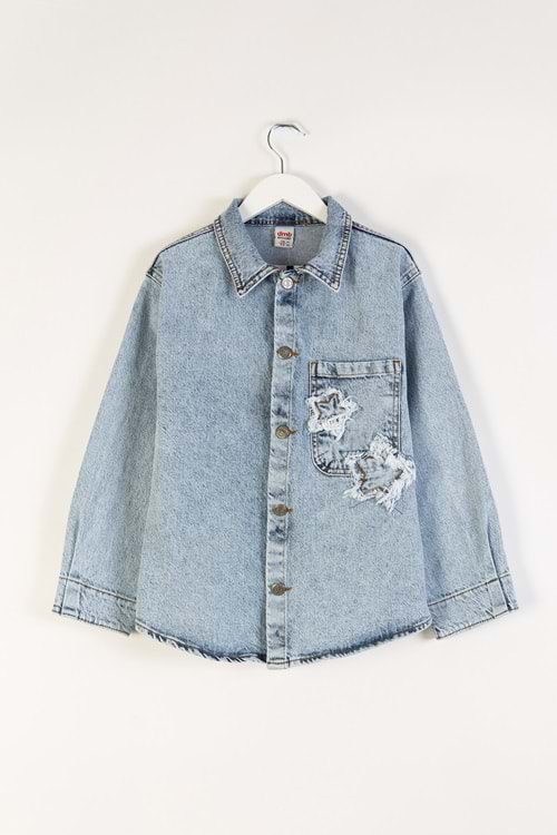 DMB BOYS & GIRLS Tek Cepli Yıldız Nakışlı Denim Kız Çocuk Kot Gömlek