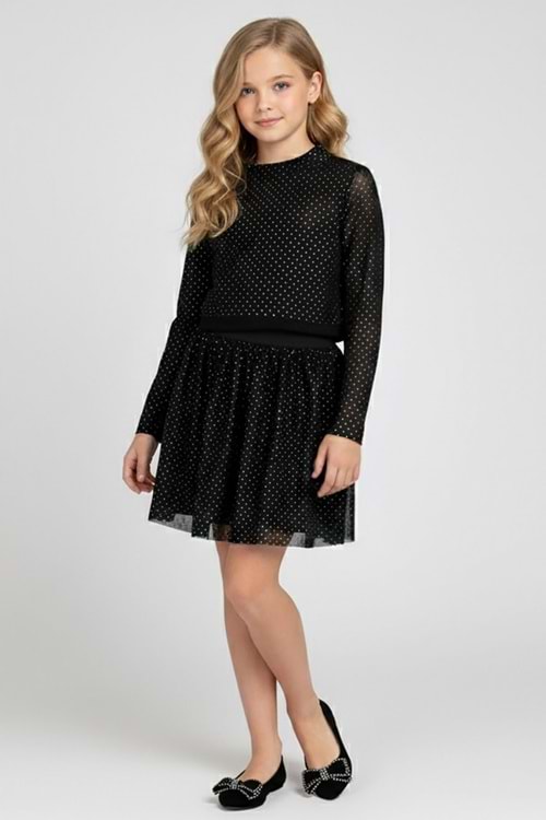Kız Çocuk Siyah Taş Baskılı Tül Detaylı Elbise