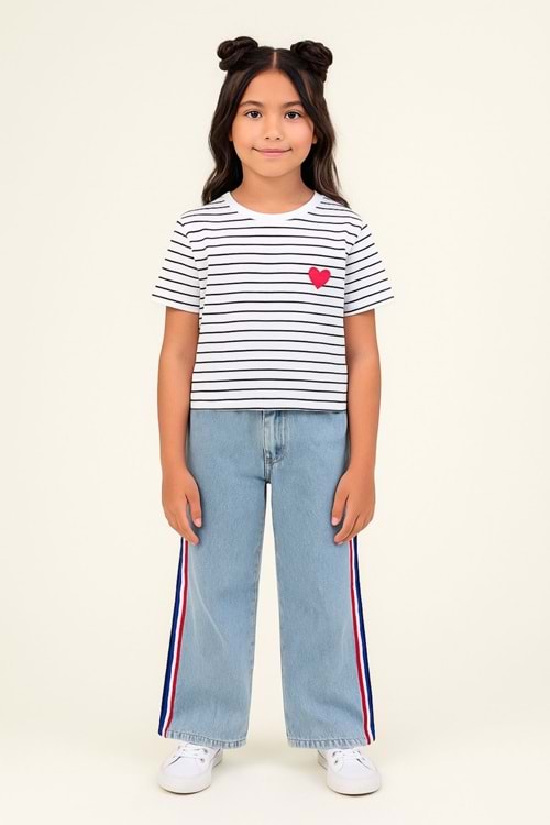 Kız Çocuk Renkli Şeritli Bol Paça Kot Pantolon