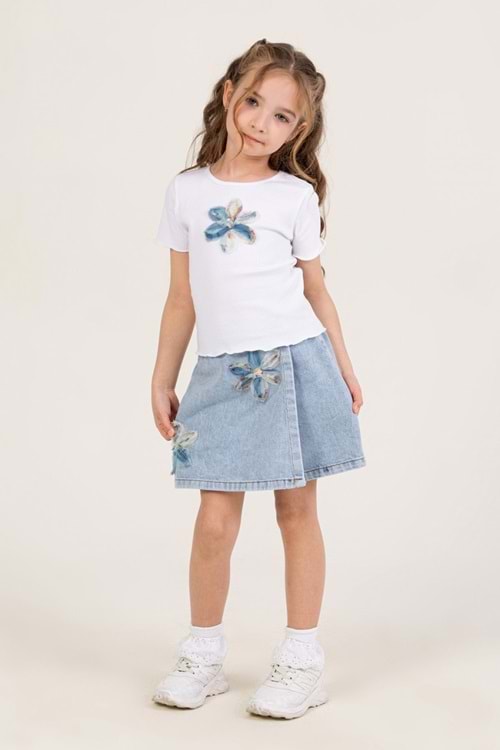Çiçek Desenli Beyaz Crop Tişört ve Denim Etek Kız Çocuk Takım