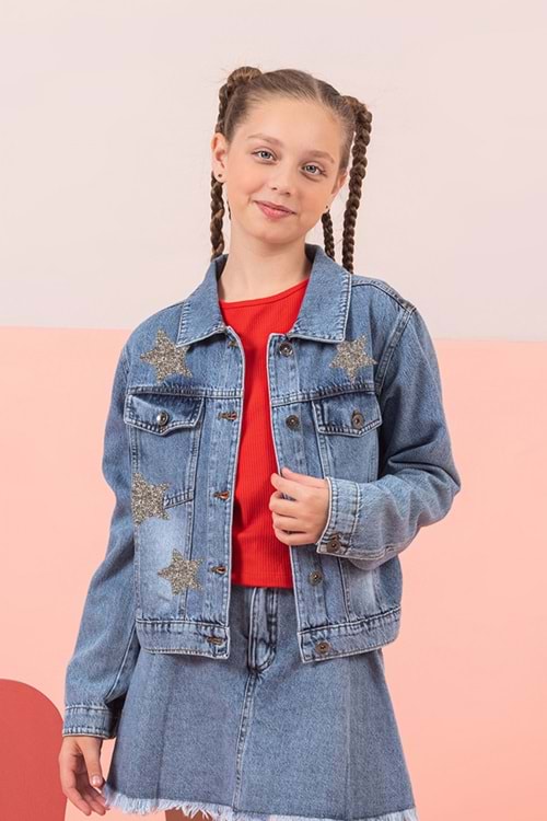 Taş Yıldız Baskılı Kapak Cepli Kız Çocuk Kot Ceket - Mavi