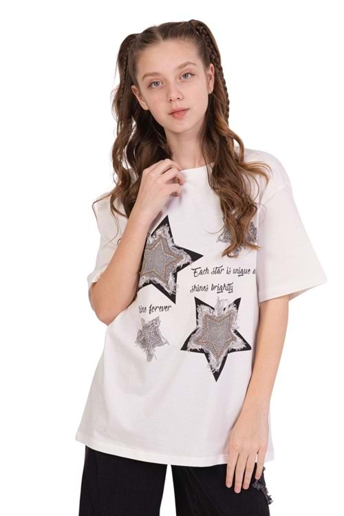 Yıldız Baskılı Taş İşlemeli Kız Çocuk T-Shirt