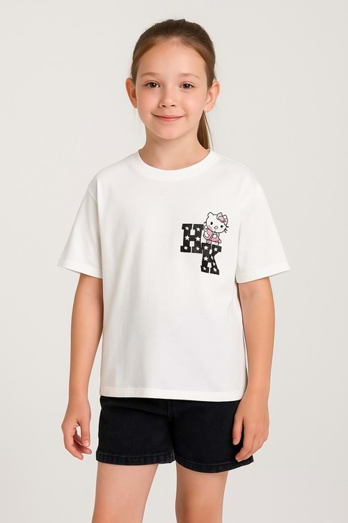 Hello Kitty Baskılı Beyaz Kız Çocuk Kısa Kollu Tişört