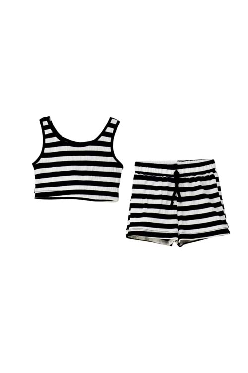 Siyah Beyaz Çizgili Crop Top ve Şort Takımı