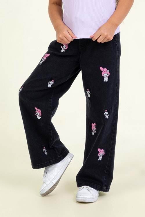 Kız Çocuk My Melody & Kuromi Baskılı Kot Pantolon – Mavi-Siyah
