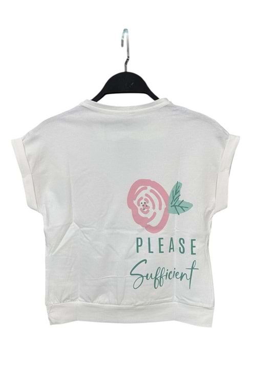 Önü Sırtı Çiçek Baskılı Bisiklet Yaka Kız Çocuk T-Shirt - Beyaz