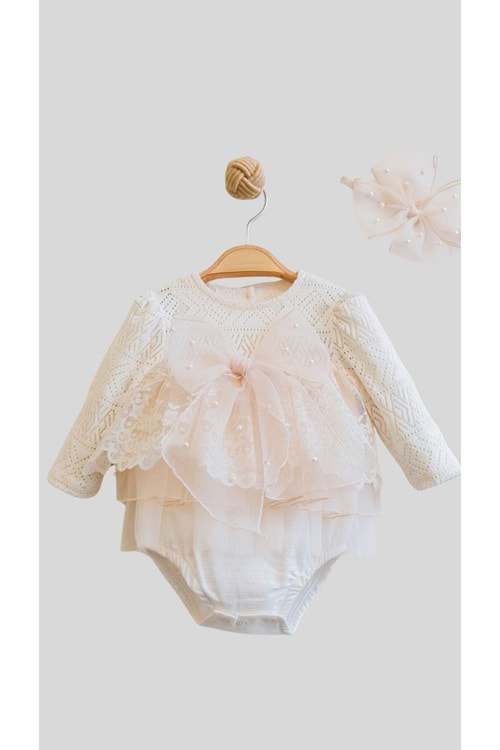 Üstü Merserize Fiyonk Detaylı Tül Kız Bebek Tulum Elbise