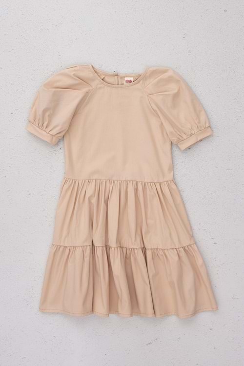 Pudra Pembe Büzgülü Kol Kat Kat Kız Çocuk Elbise - Bej