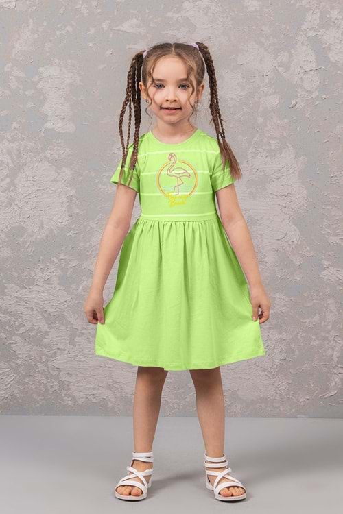 Flamingo Baskılı Limon Yeşili Kız Çocuk Elbise - Yeşil