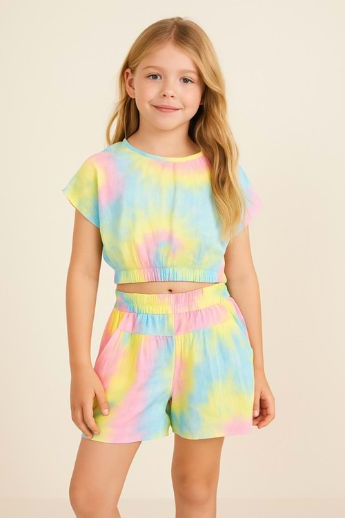 Batik Desenli Crop Top ve Şort Kız Çocuk Takım