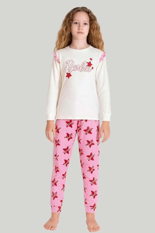 Kız Çocuk Barbie Baskılı Uzun Kollu Pijama Takımı