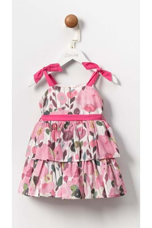 Çiçek Baskılı Sırt Fiyonk Detaylı Kız Çocuk Elbise