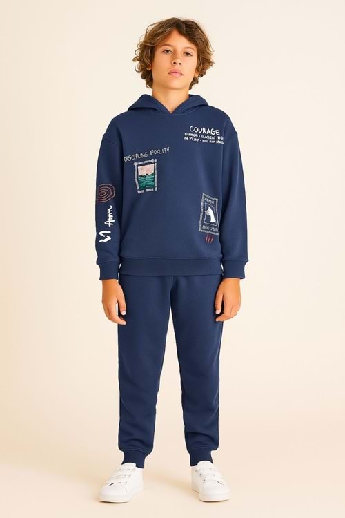 Erkek Çocuk Indigo Sweatshirt ve Eşofman Altı Takım - Kapüşonlu Baskılı Rahat Kesim