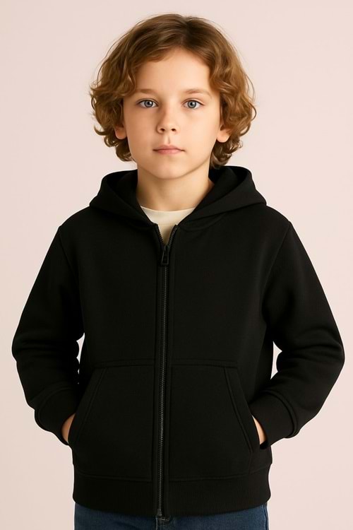Erkek Çocuk Siyah Kapüşonlu Fermuarlı Sweatshirt