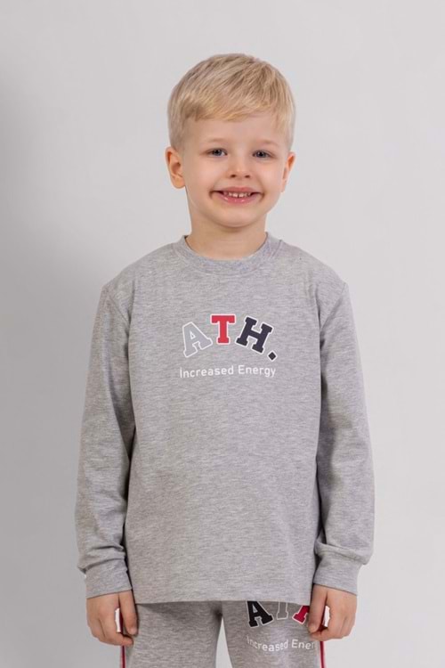 Erkek Çocuk Gri ATH Baskılı Uzun Kollu Sweatshirt