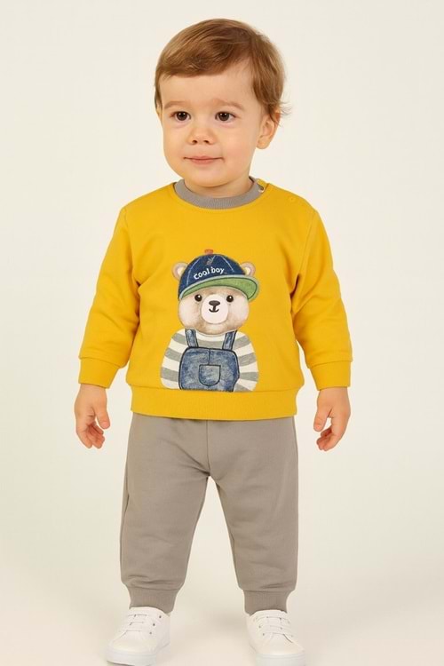 Erkek Çocuk Sweatshirt ve Eşofman Altı Takım Köpek Bear Desenli Rahat Günlük Giyim