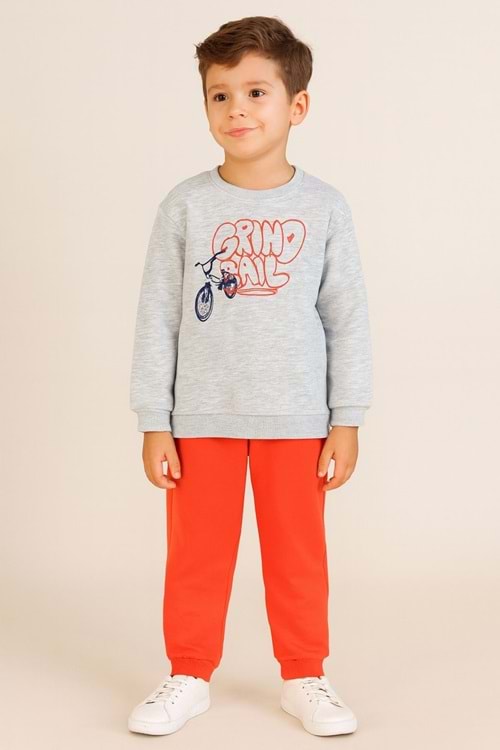 Erkek Çocuk Gri & Yeşil Sweatshirt ve Oranj & Melanj Eşofman Altı İkili Takım