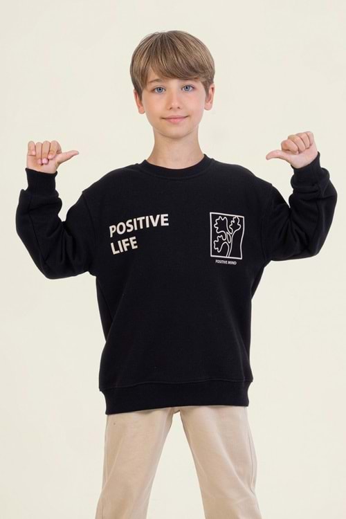 Erkek Çocuk Siyah Sweatshirt – Positive Life Baskılı, Rahat Kesim