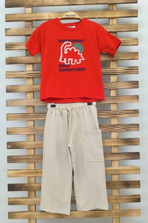 Önü Sırtı Baskılı T-Shirt Pantolonlu Erkek Çocuk 2li Takım - Kırmızı