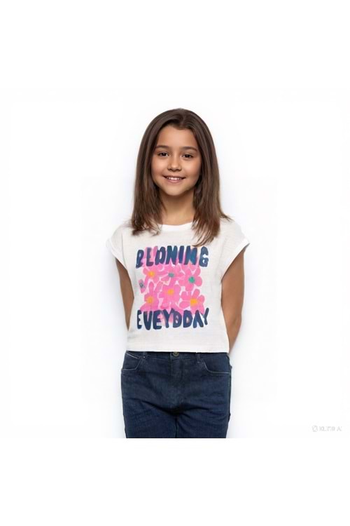 Önü Çiçek Baskılı Bisiklet Yaka Kız Çocuk T-Shirt - Beyaz