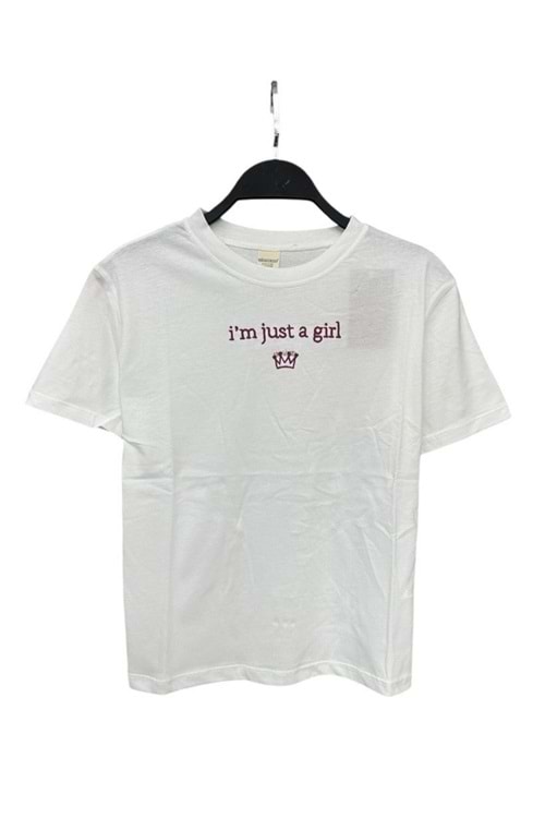 Önü Nakışlı Taş İşlemeli Kız Çocuk T-Shirt - Beyaz