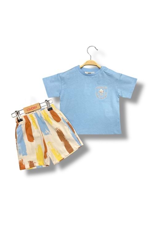Bulut Baskılı Mavi Tişört ve Çizgili Şort Bebek/Çocuk Takım - Mavi