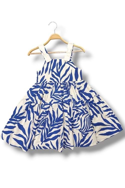 Mavi Yaprak Desenli Askılı Kız Çocuk Elbise