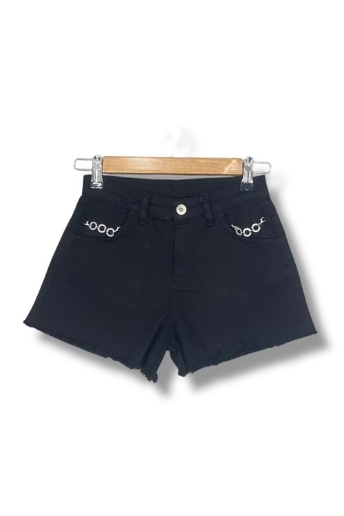 Zincir Detaylı Siyah Denim Şort Kız/Erkek Çocuk - Siyah