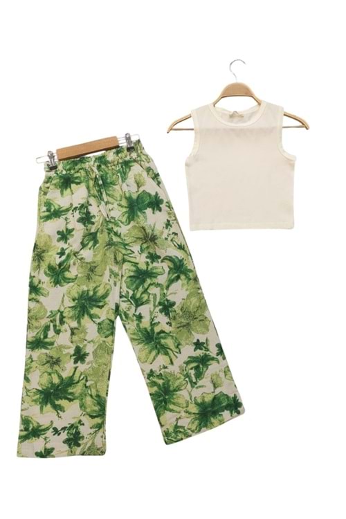 Yeşil Yaprak Desenli Beyaz Askılı Crop Top ve Bol Paça Pantolon Kız Çocuk Takım - Yeşil