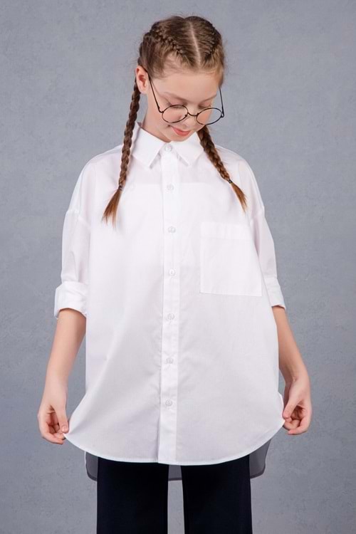 Kız Çocuk Beyaz Oversize Uzun Kollu Gömlek