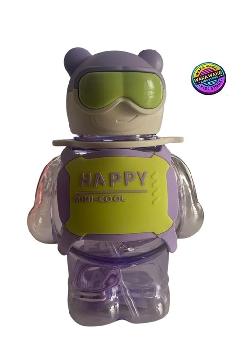Happy Mini-Cool Ayıcık Şekilli Çocuk Matara 500 ml Renkli Şeffaf Suluk Askılı