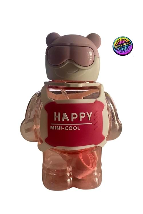 Happy Mini-Cool Ayıcık Şekilli Çocuk Matara 500 ml Renkli Şeffaf Suluk Askılı