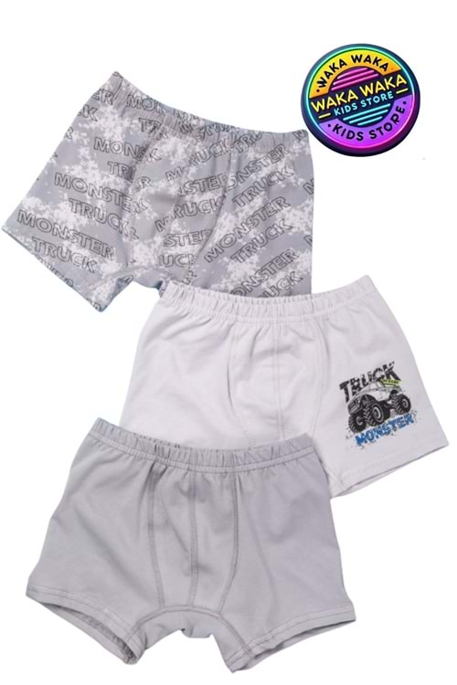 Erkek Çocuk Monster Truck Desenli 3’lü Boxer Seti – Pamuklu Esnek İç Giyim
