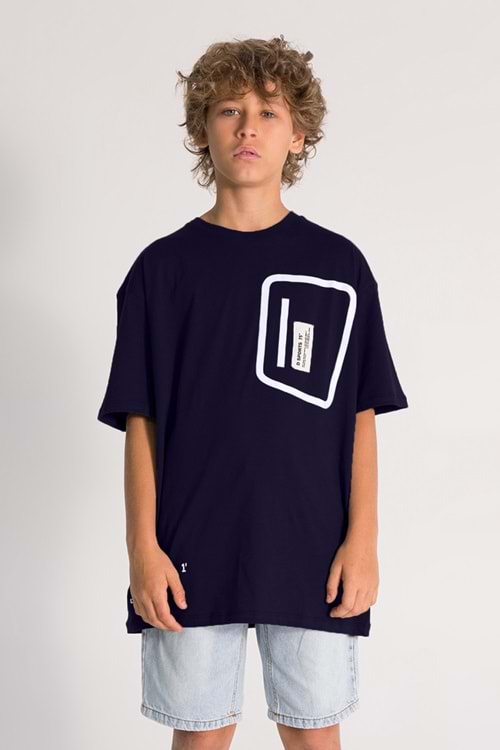 Önü Sırtı Baskılı Aplike Detaylı Erkek Çocuk T-Shirt - Lacivert