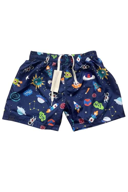 Uzay ve Gezegen Desenli Lacivert Erkek Çocuk Deniz Şortu - Lacivert
