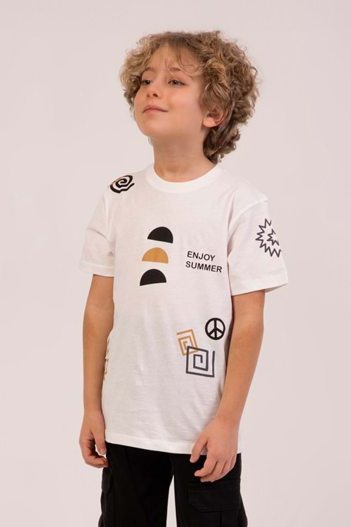 Önü Sırtı Baskılı Bisiklet Yaka Erkek Çocuk T-Shirt - Ekru