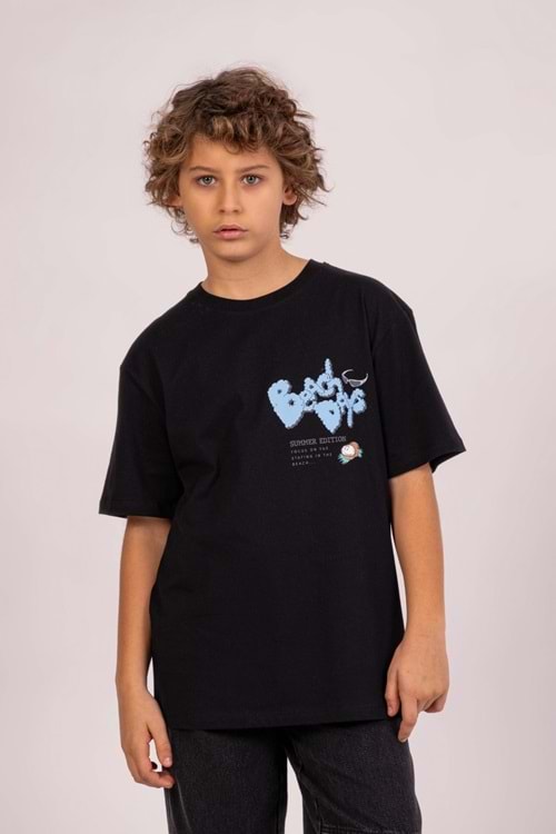 Önü Sırtı Baskılı Bisiklet Yaka Erkek Çocuk T-Shirt - Siyah