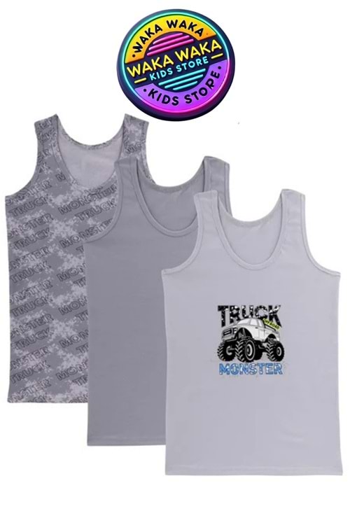 Erkek Çocuk Monster Truck Desenli 3’lü Atlet Seti – Pamuklu Rahat İç Giyim