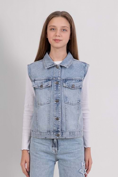 Kız Çocuk Mavi Kot Yelek – Düğmeli Denim Yelek