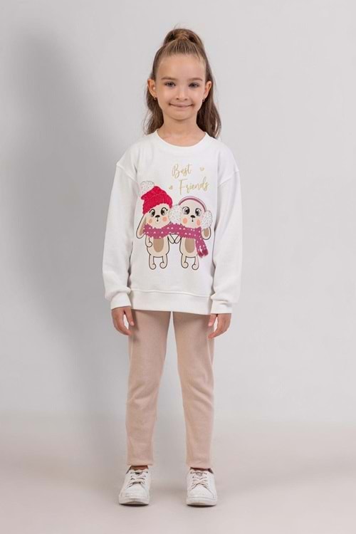 Kız Çocuk Best Friends Baskılı Beyaz Sweatshirt & Bej Tayt Kombini