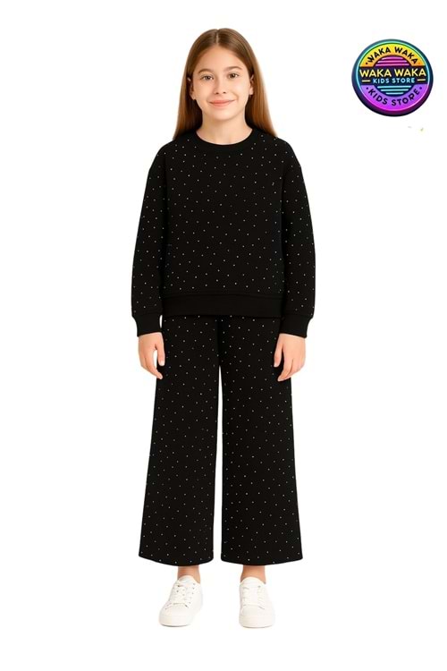 Kız Çocuk Taş Baskılı Puantiyeli Sweatshirt ve Geniş Paça Eşofman Takımı