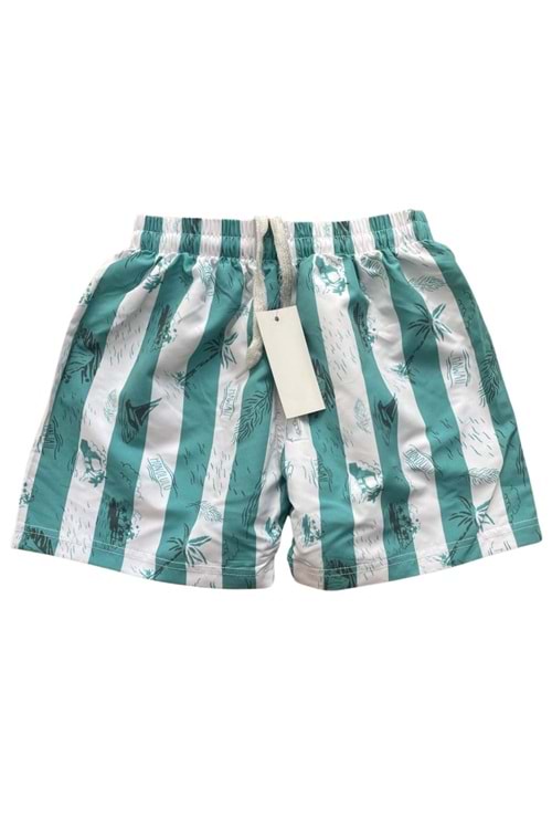Tropikal Desenli Yeşil-Beyaz Çizgili Erkek Çocuk Deniz Şortu - Mint