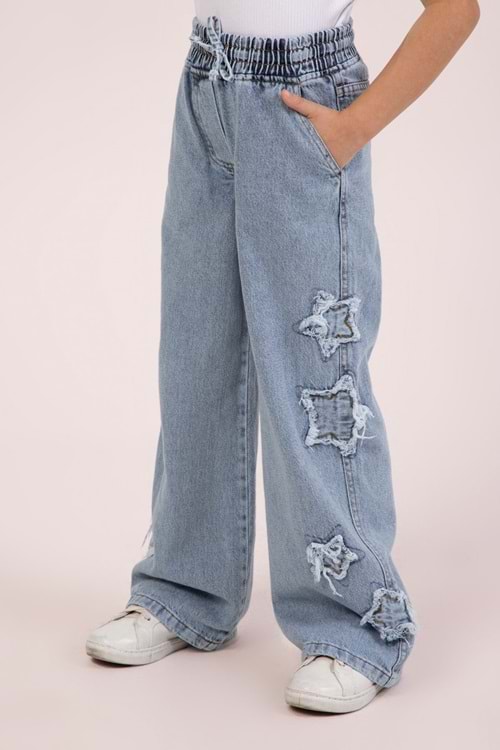 Beli Lastikli Yüksek Bol Paça Wide Leg Yıldız Nakışlı Kız Çocuk Kot Pantolon