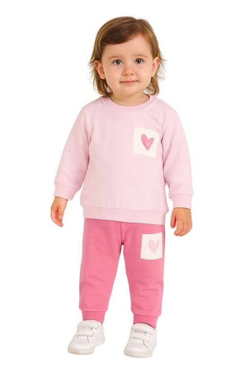 Kız Çocuk Kalp Baskılı Eşofman Takımı – Pembe & Ekru