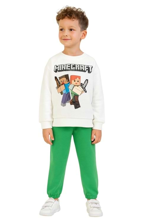 Minecraft Baskılı Erkek Çocuk Eşofman Takımı – Beyaz Üst / Yeşil Alt