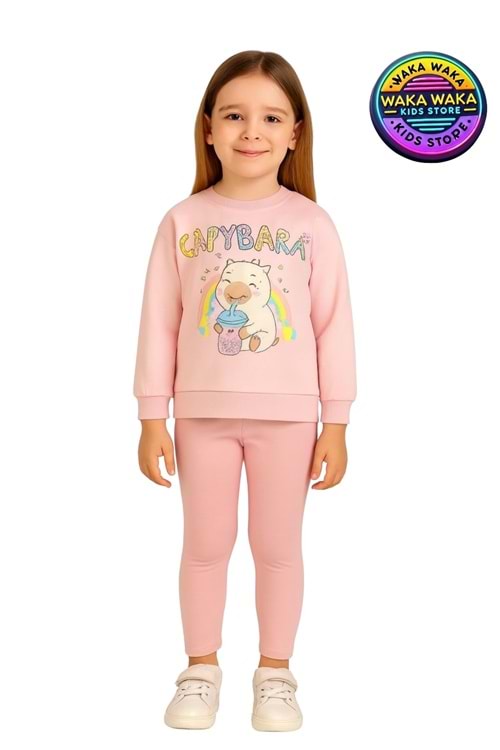Kız Çocuk Capybara Desenli Pembe Sweatshirt ve Siyah Tayt İkili Takım